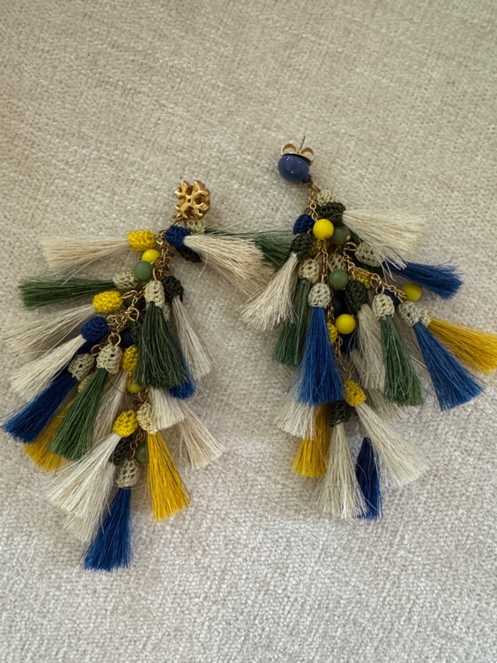 Tory Burch Multicolor Tassel Drop Earrings in Blue, Green, Yellow & Cream